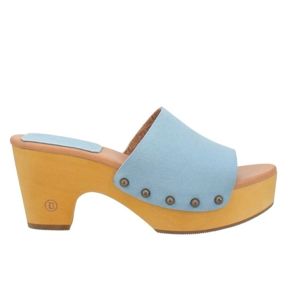Dingo Light Blue Suede Mules with Wooden Heel - Picture 3 of 12